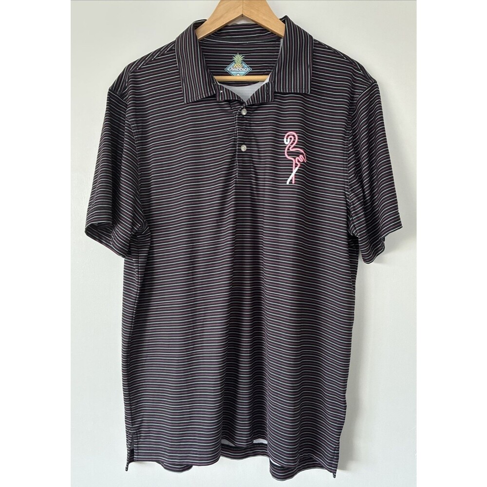Chubbies Polo Shirt Mens Large Black Stripe Flamingo Golf Performance Stretch